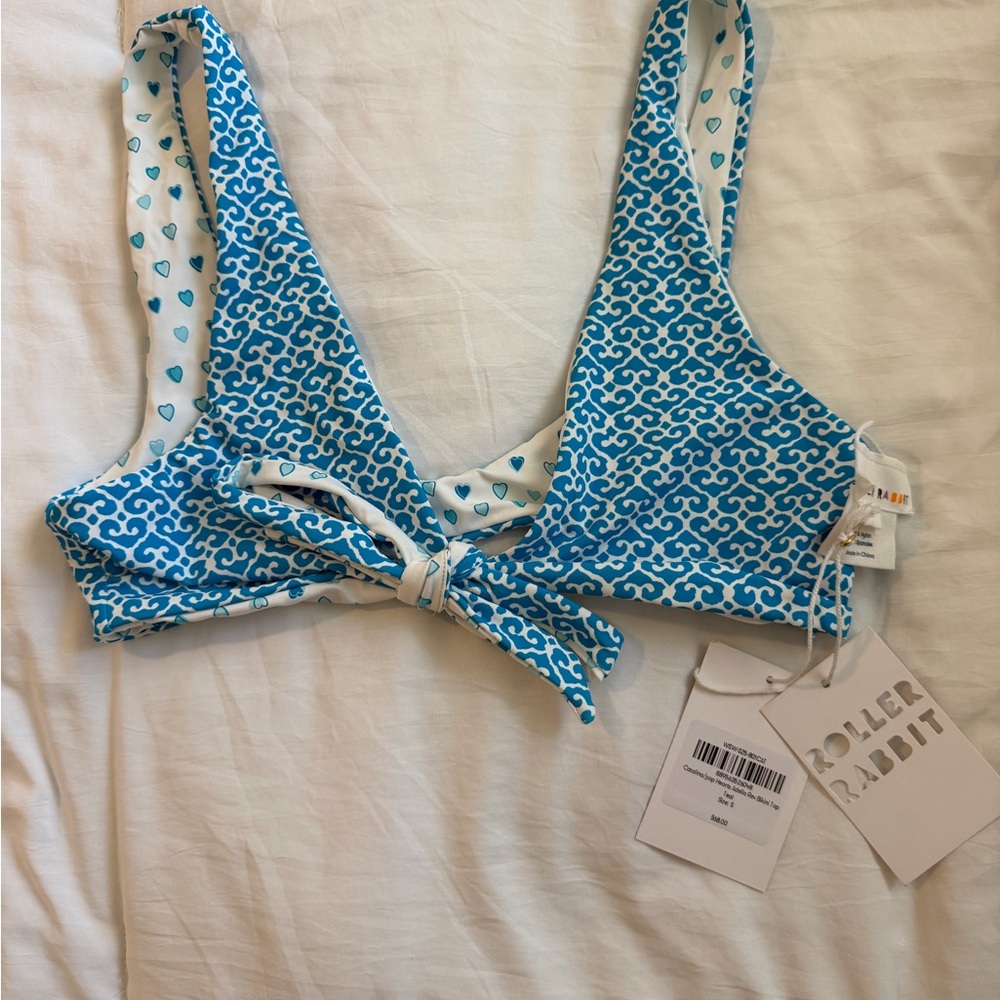 Roller Rabbit Turquoise & White Patterned Bikini Top with Front Tie